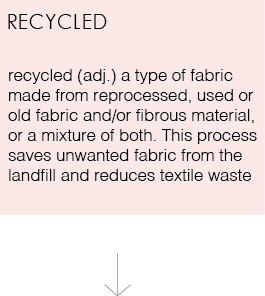 Recycled (adj). a type of fabric made from reprocessed, used or old fabric and/or fibrous material. This process saves unwanted fabric from the landfill and reduces textile waste