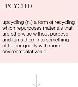 up cycling (n) a form of recycling which repurposes materials that are otherwise without purpose and turns them into something of higher quality with more environmental value